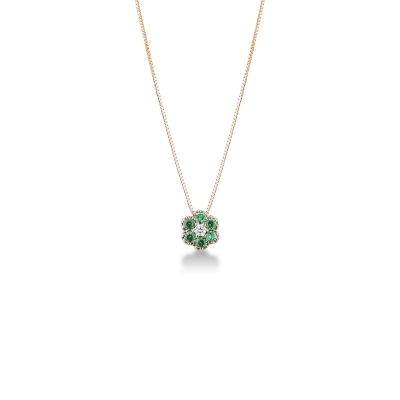 Emerald and round cut diamond pendant in 18k yellow gold