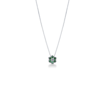 Little flower pendant in 18k white gold with emeralds and diamonds