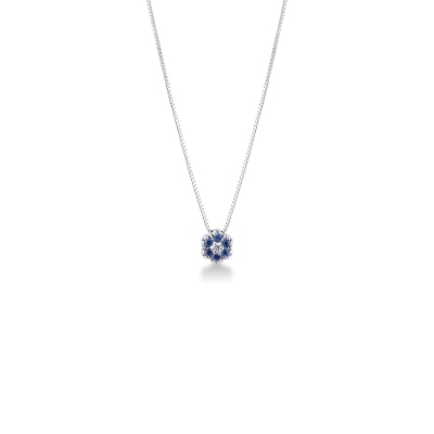 Little flower pendant in 18k white gold with blue sapphires and diamonds