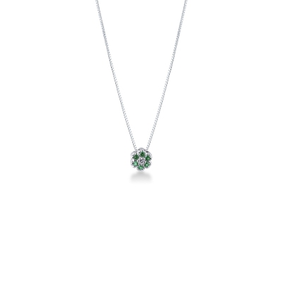 Little flower pendant in 18k white gold with diamonds and emeralds