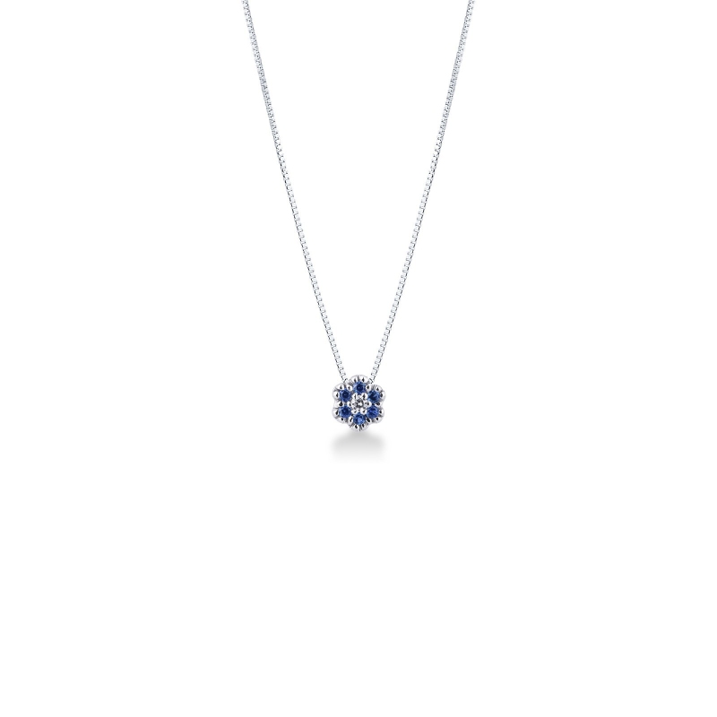 Little flower pendant in 18k white gold with diamonds and sapphires