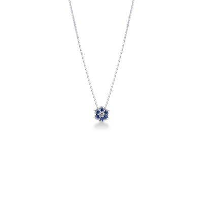 Little flower pendant in 18k white gold with diamonds and sapphires