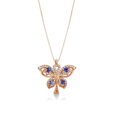Fancy butterfly pendant in 18k rose gold with sapphires and diamonds
