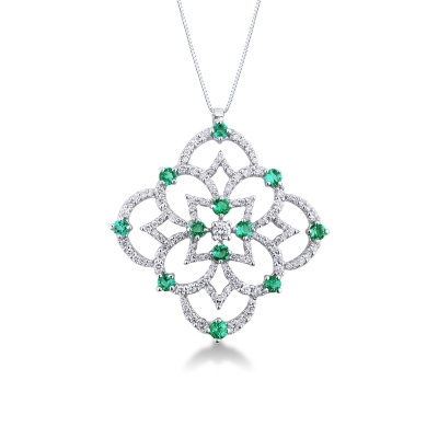 Rose window pendant in 18k white gold with emeralds and diamonds