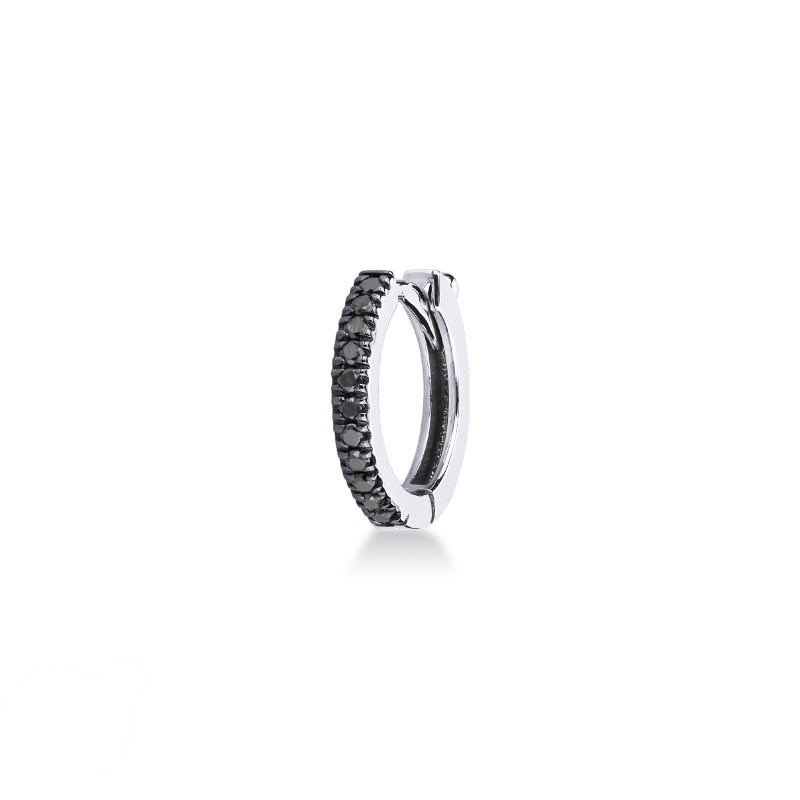 Mono orecchino a cerchio in oro bianco 18k con diamanti neri, 1 cm, Uomo