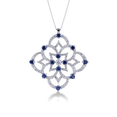 Rose window pendant in 18k white gold with sapphires and diamonds