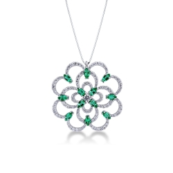 18k white gold rose window pendant with emeralds and diamonds