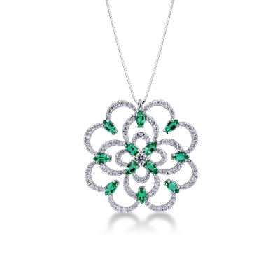 18k white gold rose window pendant with emeralds and diamonds