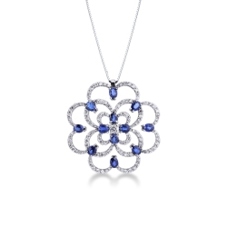 18k white gold rose window pendant with sapphires and diamonds