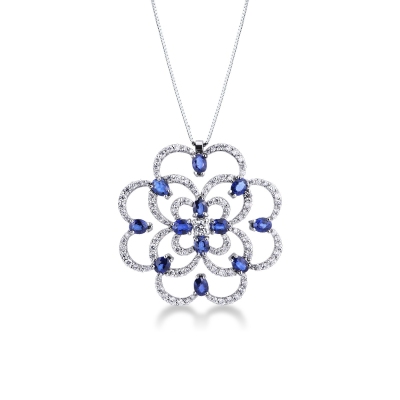 18k white gold rose window pendant with sapphires and diamonds