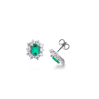 White gold 18k halo stud earrings with emerald and diamonds 