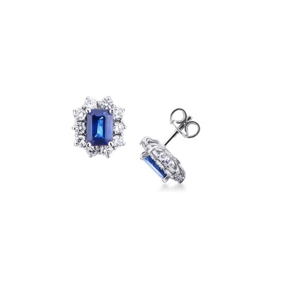 18k white gold halo stud earrings with blue sapphires and diamonds 