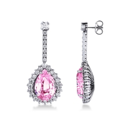 White gold 18k drop earrings with pink sapphires pear cut and diamonds 