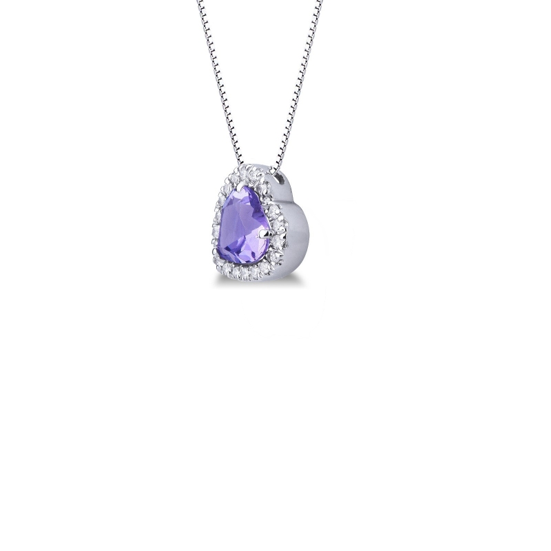 Necklace with inclined pendant, central heart cut amethyst and a row of diamonds
