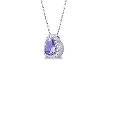 Necklace with inclined pendant, central heart cut amethyst and a row of diamonds