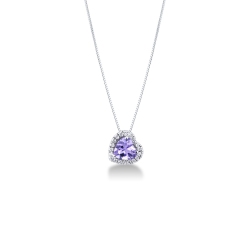 Necklace with inclined pendant, central heart cut amethyst and a row of diamonds