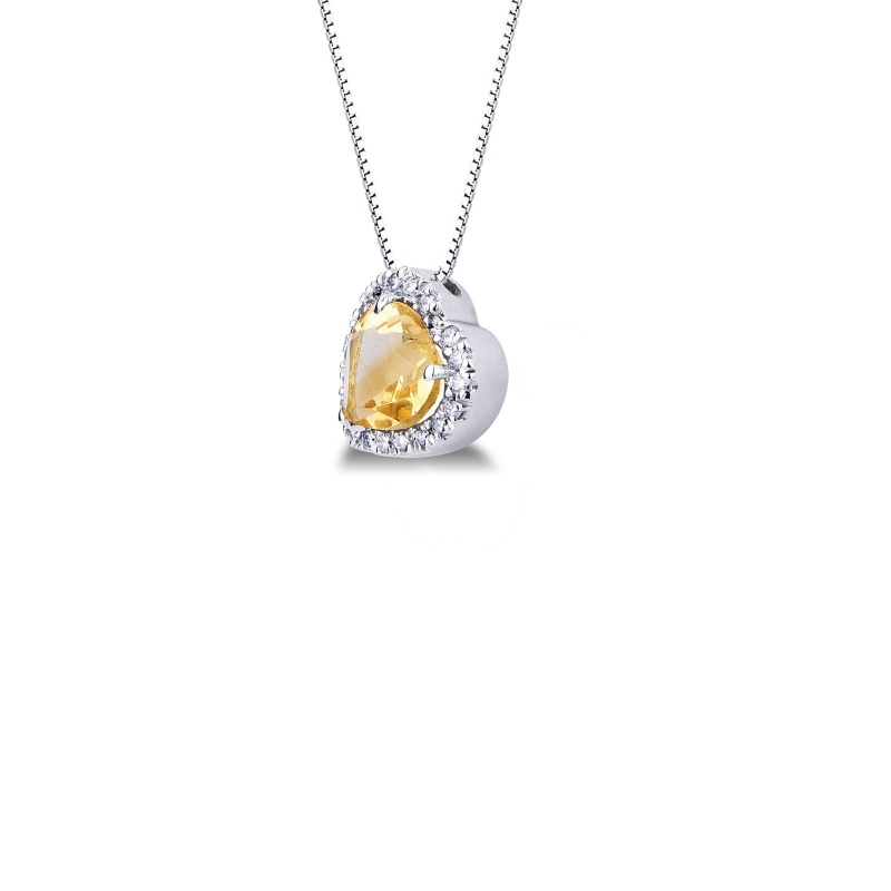 Necklace with inclined pendant, heart cut citrine and diamonds