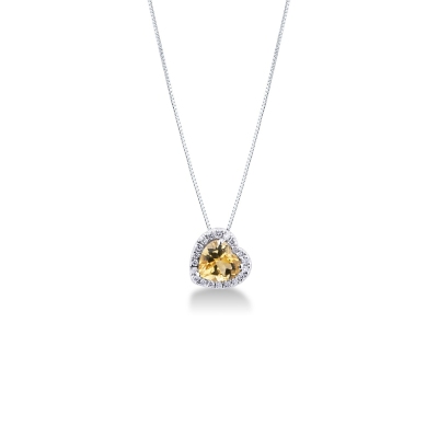Necklace with inclined pendant, heart cut citrine and diamonds