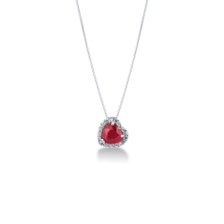 Necklace with inclined pendant, heart cut ruby and diamonds