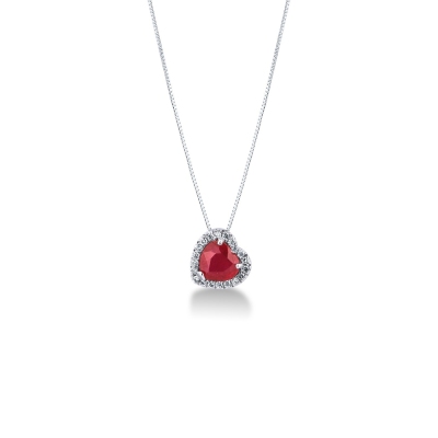 Necklace with inclined pendant, heart cut ruby and diamonds