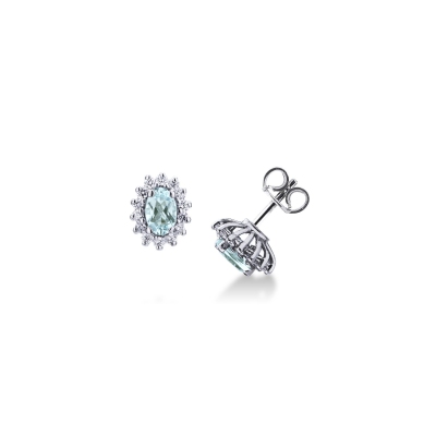 White gold 18k halo stud earrings with aquamarine oval cut and diamonds