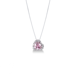Necklace with inclined pendant, central pink sapphire and diamonds