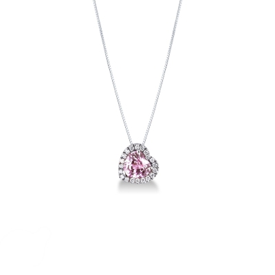 Necklace with inclined pendant, central pink sapphire and diamonds