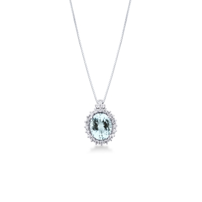 18k white gold necklace with aquamarine oval cut and diamonds 