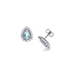 White gold 18k halo stud earrings with aquamarine pear cut and diamonds 