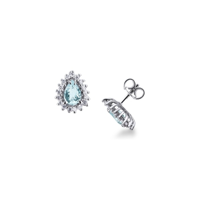 White gold 18k halo stud earrings with aquamarine pear cut and diamonds 