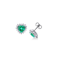 White gold 18k halo stud earrings with emeralds heart cut and diamonds 