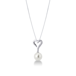 Collana in oro bianco 18k con pendente a cuore in diamanti e perla