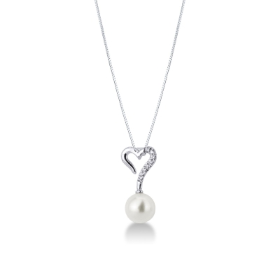 Collana in oro bianco 18k con pendente a cuore in diamanti e perla