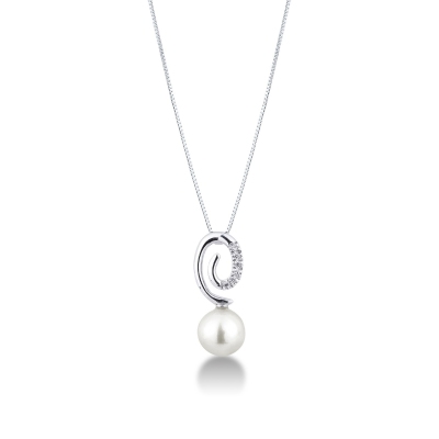 18k white gold necklace with spiral pendant with pearls and diamonds 