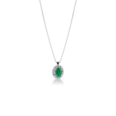 Necklace with pendant, central oval emerald  and  a row of diamonds
