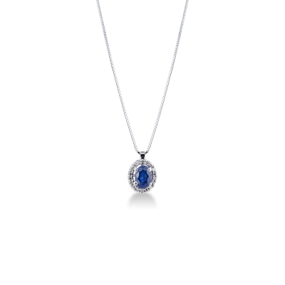 Necklace with pendant, oval sapphire and diamonds