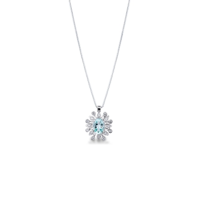 Necklace with pendant, central aquamarine and a fancy crown of diamonds