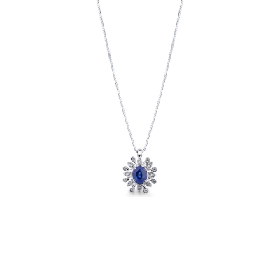 Necklace with pendant, central blue sapphire and a fancy diamonds crown