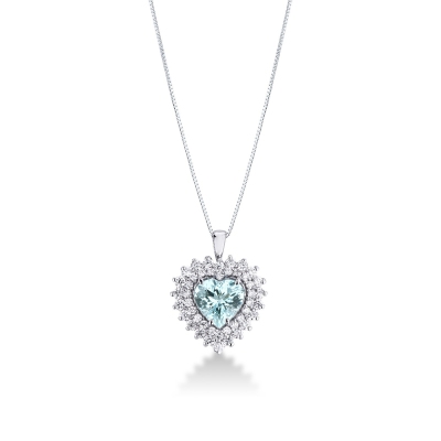 Collana con acquamarina cuore con diamanti in oro bianco 18k