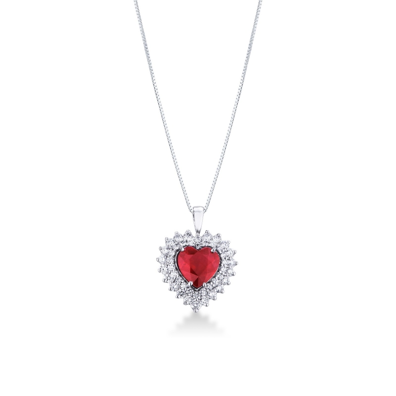 Necklace with pendant, heart cut ruby and a 2 rows of diamonds