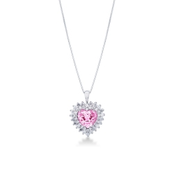 18k white gold necklace with pink sapphire heart cut and diamonds pendant