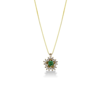 Necklace with flower style pendant, central emerald and a crown of diamonds