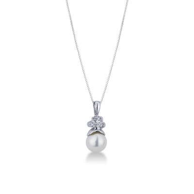 Necklace in 18k white gold with natural pearl and diamond pendant