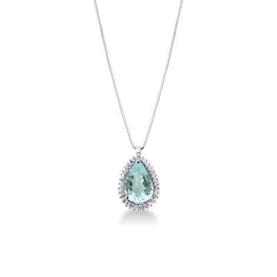 Necklace with pendant, pear cut aquamarine and diamonds