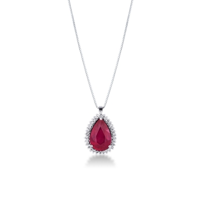 Necklace with pendant, pear cut ruby and diamonds