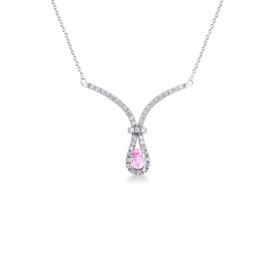 Necklace in white gold 18k with pink sapphire pear cut and diamonds 