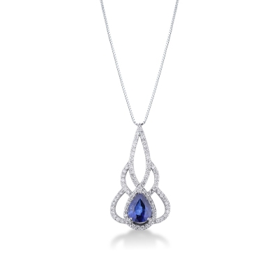 Fancy pendant in 18k white gold with sapphire and diamonds