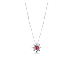 Necklace with pendant, central ruby and diamond petals