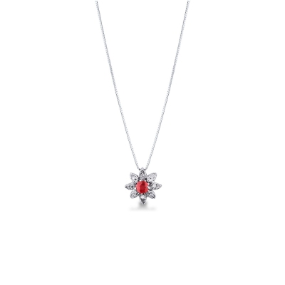 Necklace with pendant, central ruby and diamond petals
