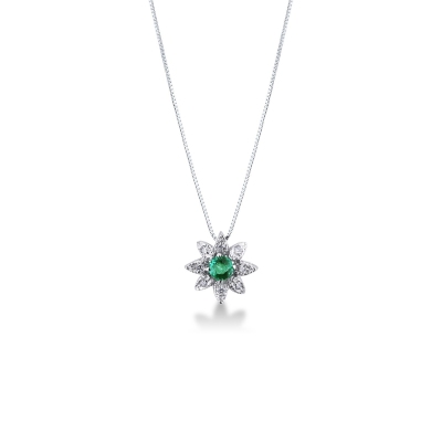 Necklace with pendant, central emerald and diamond petals